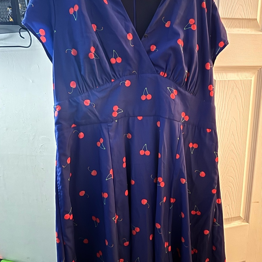 eShakti Navy Blue Dress with Red Cherry Print